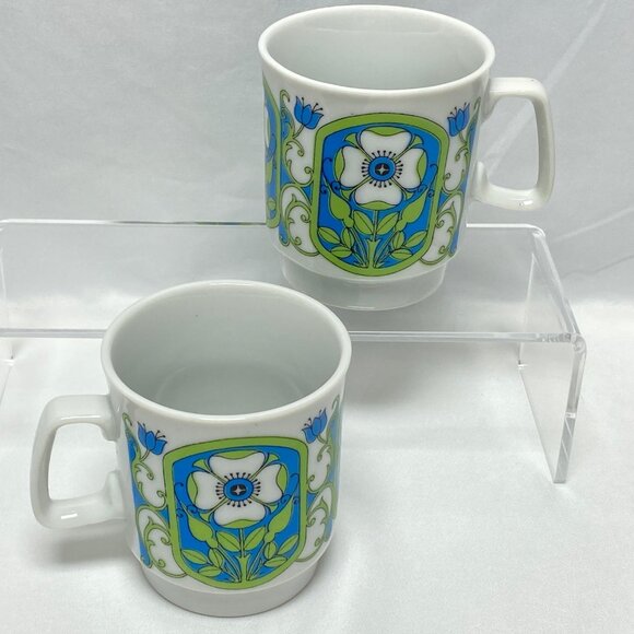 MCM Floral 60's Coffee Mugs Retro 8 oz Cups Japan Set of 2 - Picture 1 of 13